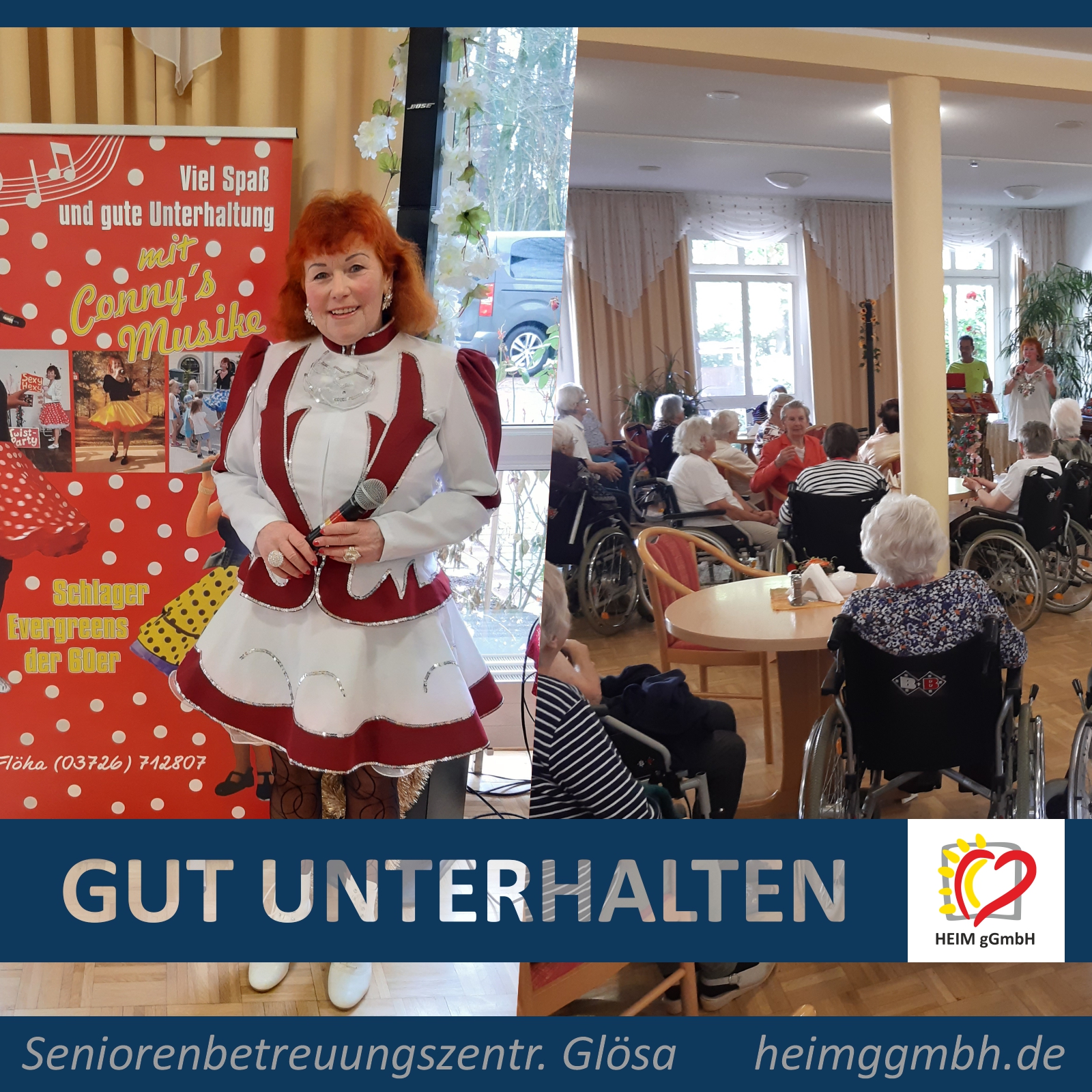 Bis auf den letzten Platz besetzt war unser Veranstaltungssaal in unserem Seniorenbetreuungszentrum Glösa, als kürzlich die Künstlerin Conny Schmerler mit „Connys Musike“ zu Gast im Seniorenbetreuungzentrum Glösa war.