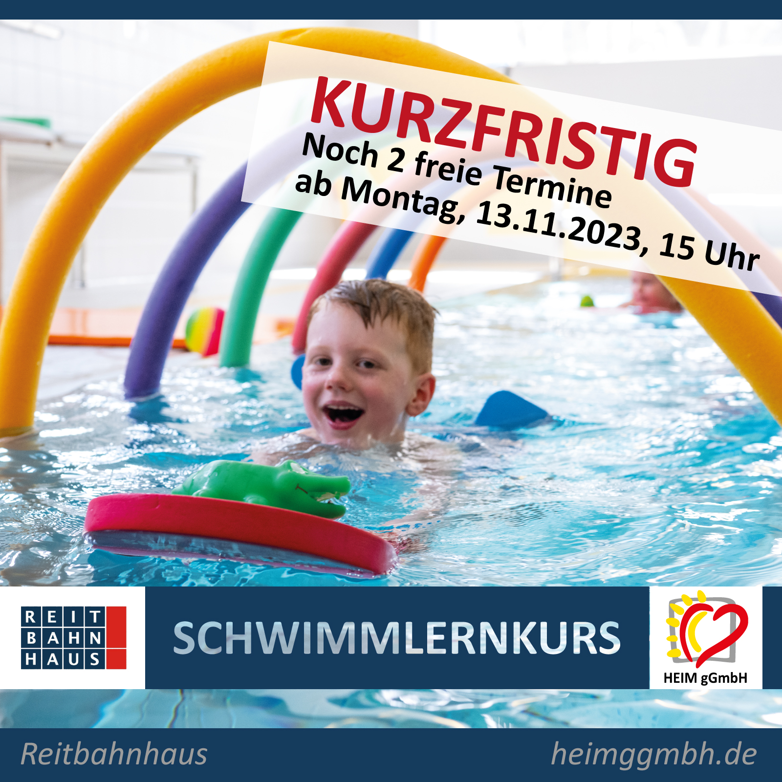 Kurzfristig haben wir in unserem Schwimmlernkurs im Reitbahnhaus der HEIM gemeinnützigen GmbH noch zwei Plätze frei.