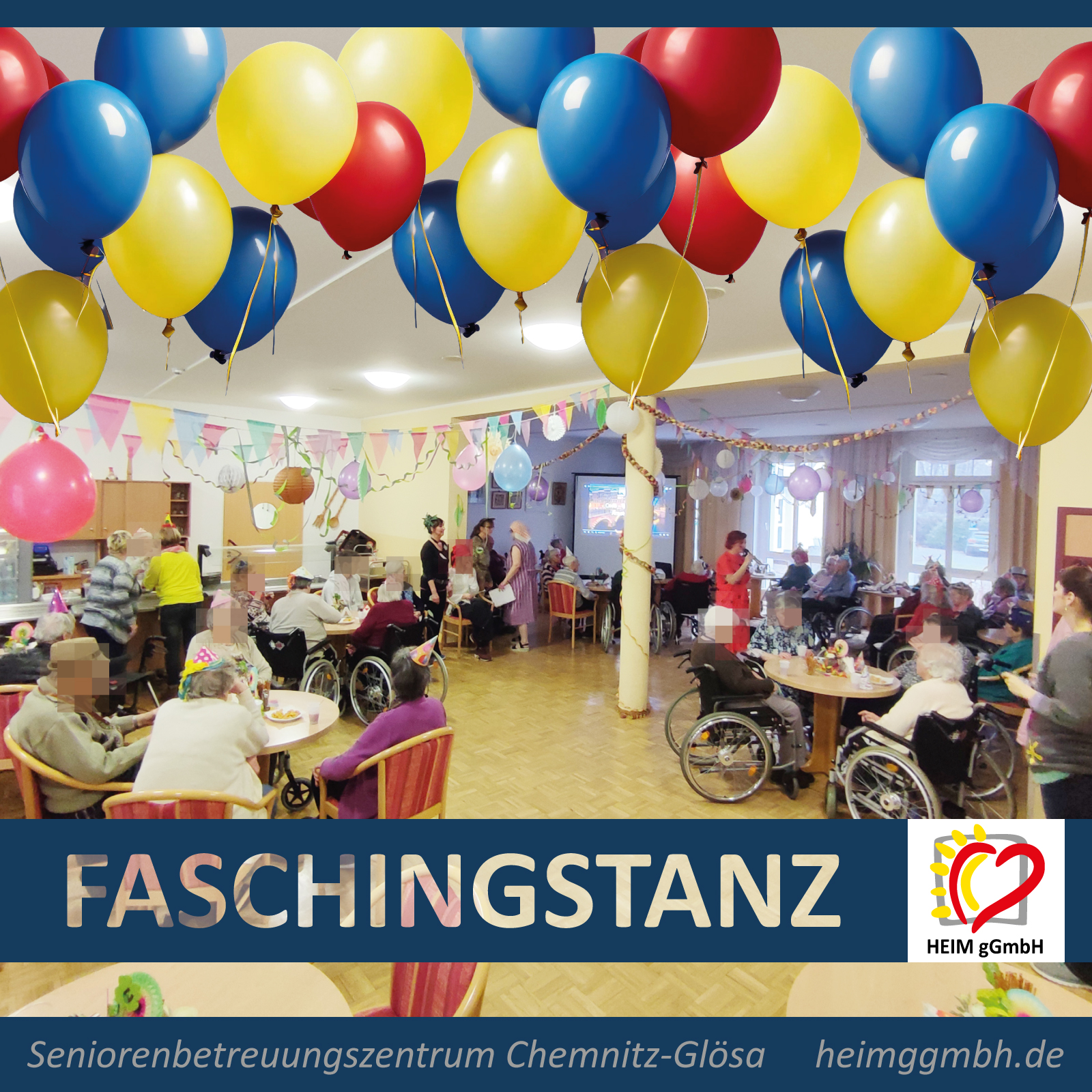 Schwungvoller Faschingstanz 2024 im Seniorenbetreuungszentrum Glösa der HEIM gemeinnützigen GmbH aus Chemnitz.