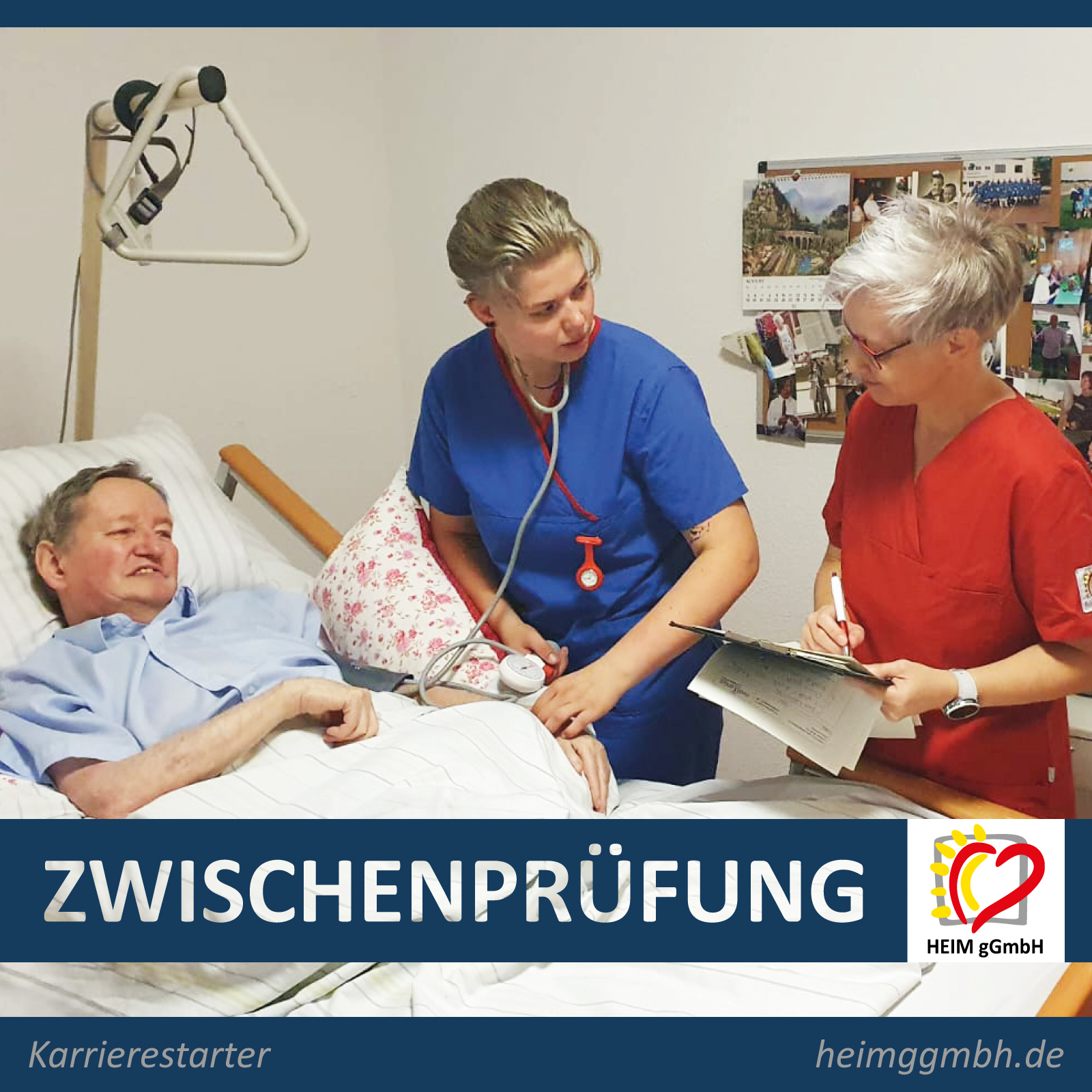Konzentration, Anspannung und professionelle Gelassenheit bei der Zwischenprüfung zur Pflegefachkraft bei der HEIM gGmbH.