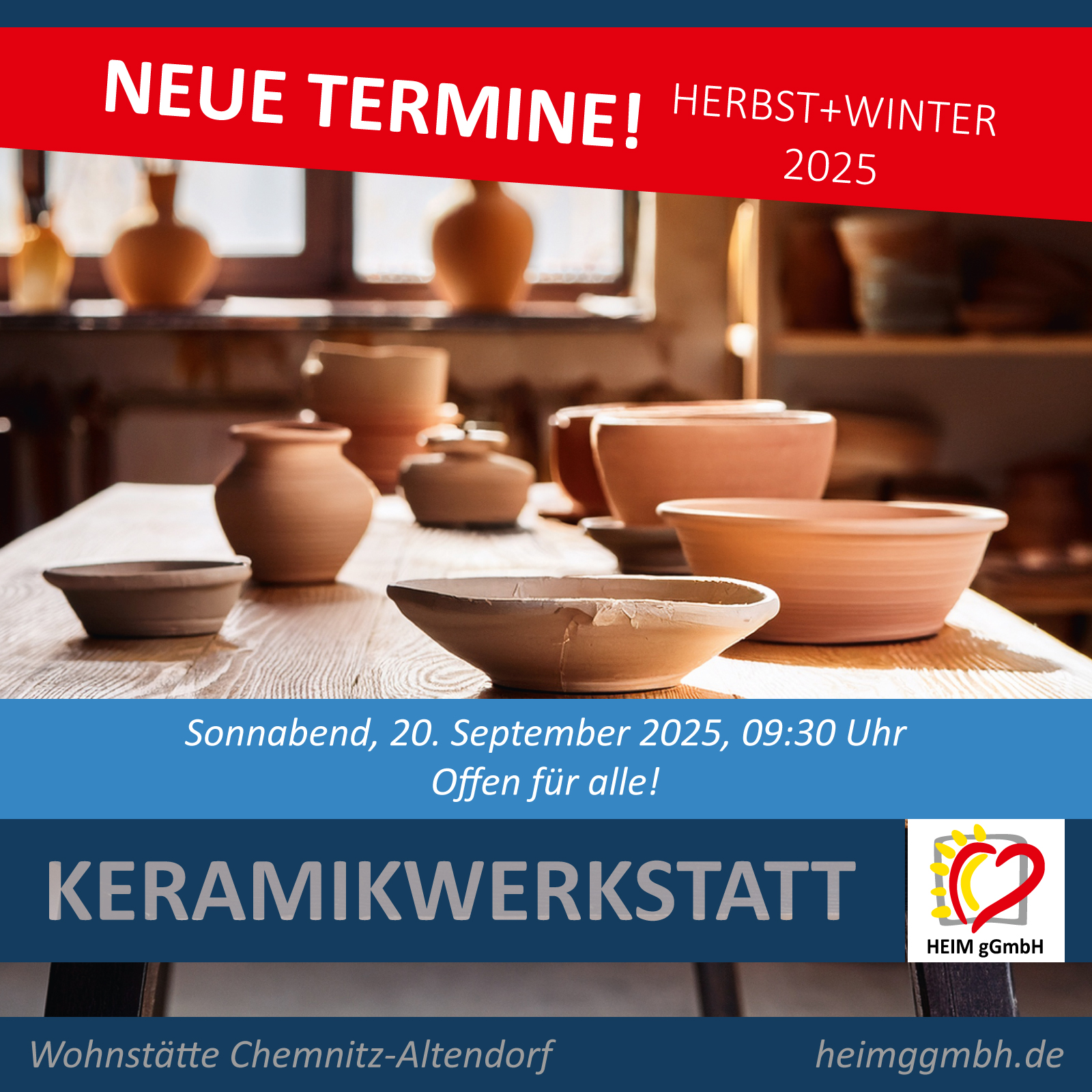 Offene Keramikwerkstatt in Chemnitz Altendorf - Neue Termine Herbst und Winter 2025 - Wohnstätte Altendorf der HEIM gGmbH