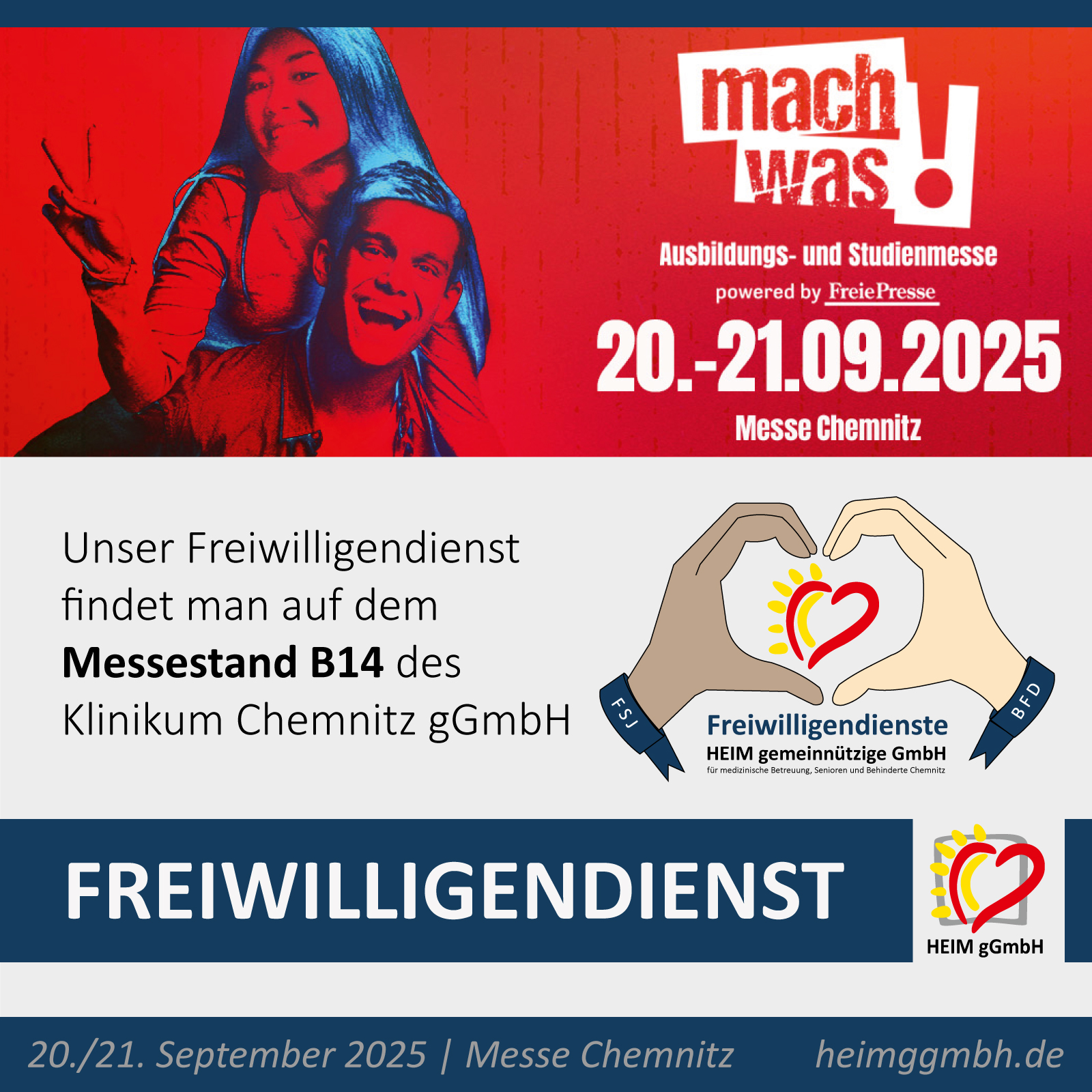 Der Freiwilligendienst der HEIM gGmbH auf der Messe machwas! 2025 in der Messe Chemnitz auf dem Stand B14 des Klinikum Chemnitz