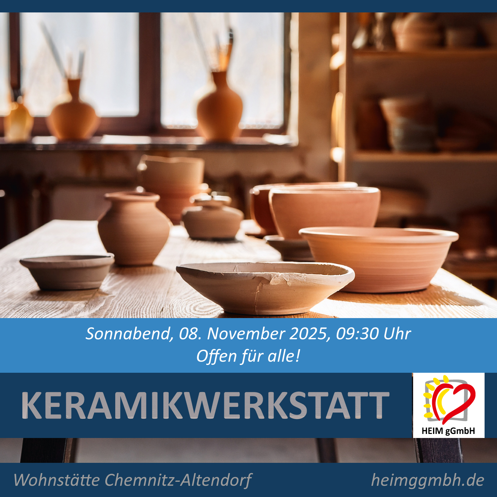 Kreatives gestalten in der offenen Keramikwerkstatt für Jung und Alt in der Wohnstätte Chemnitz Altendorf der HEIM gGmbH